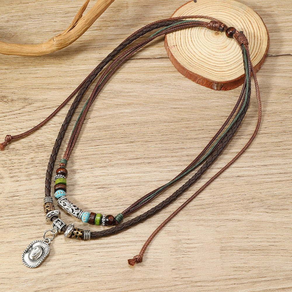Wholesale retro butterfly alloy multi-layer wooden beads knotted hand-woven necklace jewelry